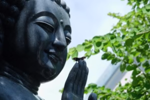 Marble Buddha statue with butterfly on fingers