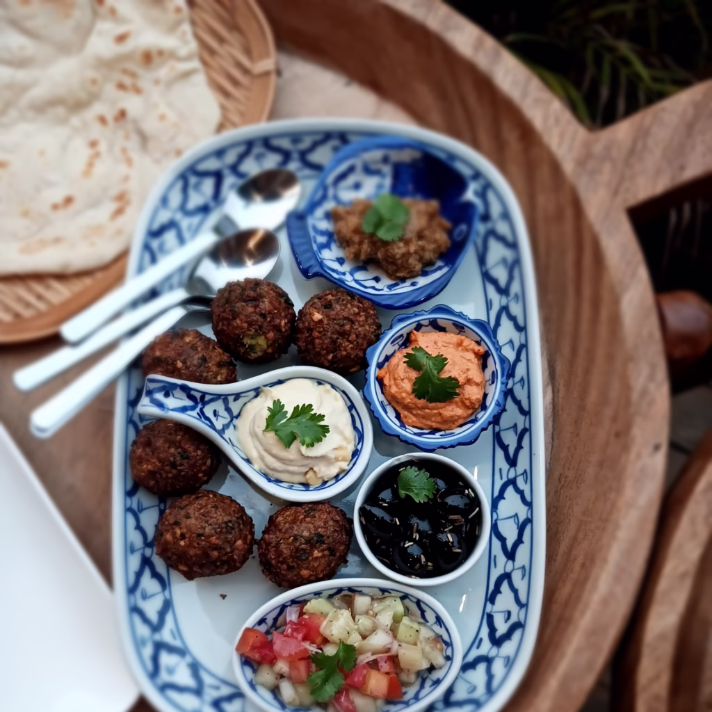 Mezze platter with falafel and 5 dips